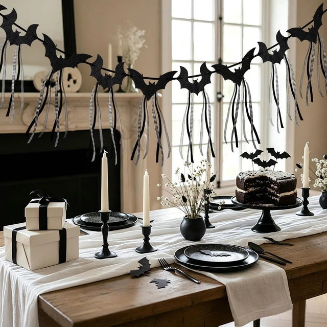 Alt view image 7 of 7 - 2 Pcs Halloween Bat Garland Black Flying Bat Bow Banner with Ribbon | Felt Gothic Black Bat Bow Garland with Ribbon Tassels, Hanging Halloween Decoration, for Fireplace Mantel Wall Home Decor