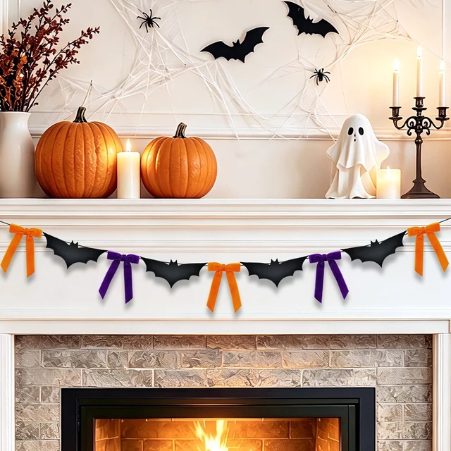 Main image of Halloween Decorations 8.2 ft 3D Felt Bats and Velvet Bows Garland | NO DIY Black Bats Orange Purple Bows Hanging Halloween Garland Banner for Home Indoor Fireplace Mantel Wall Party Decor