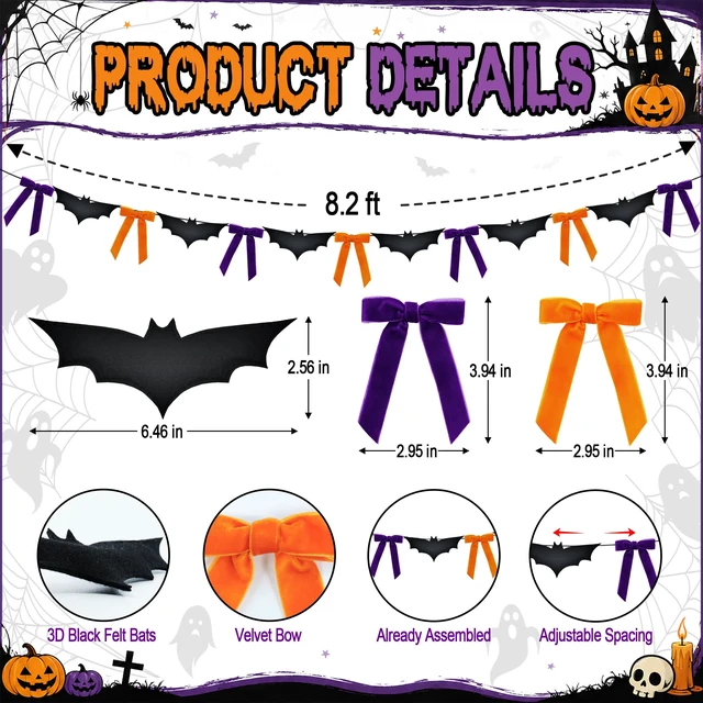 Alt view image 2 of 7 - Halloween Decorations 8.2 ft 3D Felt Bats and Velvet Bows Garland | NO DIY Black Bats Orange Purple Bows Hanging Halloween Garland Banner for Home Indoor Fireplace Mantel Wall Party Decor