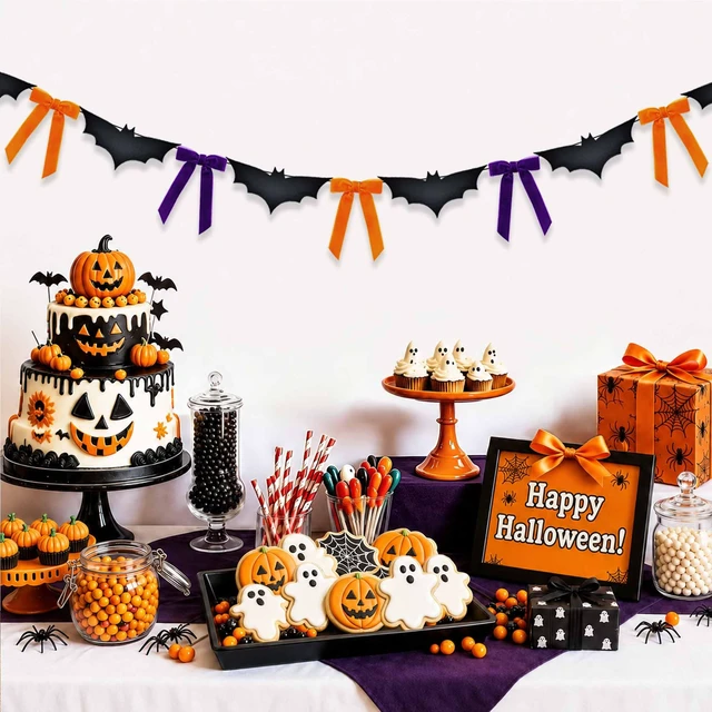 Alt view image 3 of 7 - Halloween Decorations 8.2 ft 3D Felt Bats and Velvet Bows Garland | NO DIY Black Bats Orange Purple Bows Hanging Halloween Garland Banner for Home Indoor Fireplace Mantel Wall Party Decor