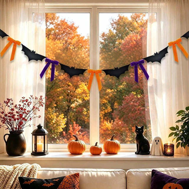 Alt view image 6 of 7 - Halloween Decorations 8.2 ft 3D Felt Bats and Velvet Bows Garland | NO DIY Black Bats Orange Purple Bows Hanging Halloween Garland Banner for Home Indoor Fireplace Mantel Wall Party Decor