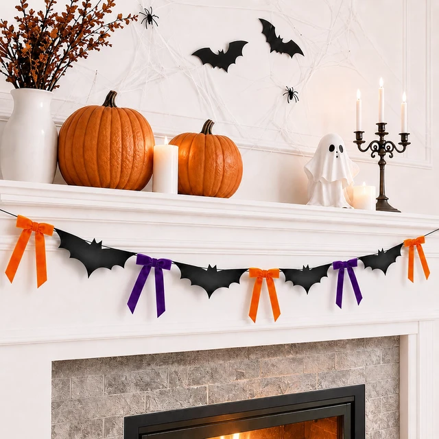 Alt view image 7 of 7 - Halloween Decorations 8.2 ft 3D Felt Bats and Velvet Bows Garland | NO DIY Black Bats Orange Purple Bows Hanging Halloween Garland Banner for Home Indoor Fireplace Mantel Wall Party Decor