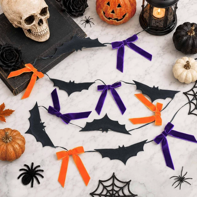 Alt view image 4 of 7 - Halloween Decorations 8.2 ft 3D Felt Bats and Velvet Bows Garland | NO DIY Black Bats Orange Purple Bows Hanging Halloween Garland Banner for Home Indoor Fireplace Mantel Wall Party Decor