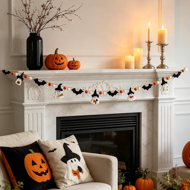 Alt view image 2 of 7 - Halloween Garland for Mantle, Ghost Bat Decor for Wall Party | 6.25 Ft, White Ghosts, Black Bats, Orange Pom Pom, Felt Fall Garland, Perfect for Fireplace Wall Party Table Tree Home Decor
