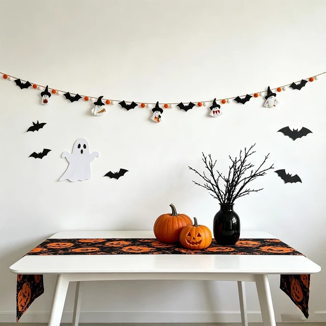 Alt view image 4 of 7 - Halloween Garland for Mantle, Ghost Bat Decor for Wall Party | 6.25 Ft, White Ghosts, Black Bats, Orange Pom Pom, Felt Fall Garland, Perfect for Fireplace Wall Party Table Tree Home Decor