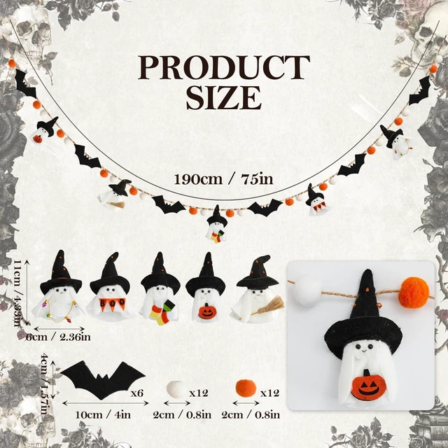Alt view image 6 of 7 - Halloween Garland for Mantle, Ghost Bat Decor for Wall Party | 6.25 Ft, White Ghosts, Black Bats, Orange Pom Pom, Felt Fall Garland, Perfect for Fireplace Wall Party Table Tree Home Decor