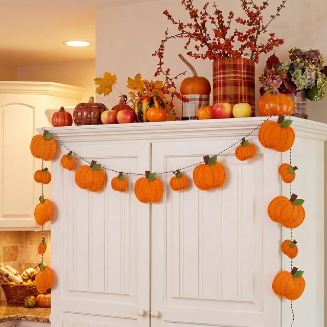 Alt view image 4 of 6 - Fall Pumpkin Felt Garland 16.4 ft Pumpkin 3D Hanging Garland Thanksgiving Decorations for Autumn Harvest Home Mantel Fireplace Door Wall Indoor Outdoor Party Decor