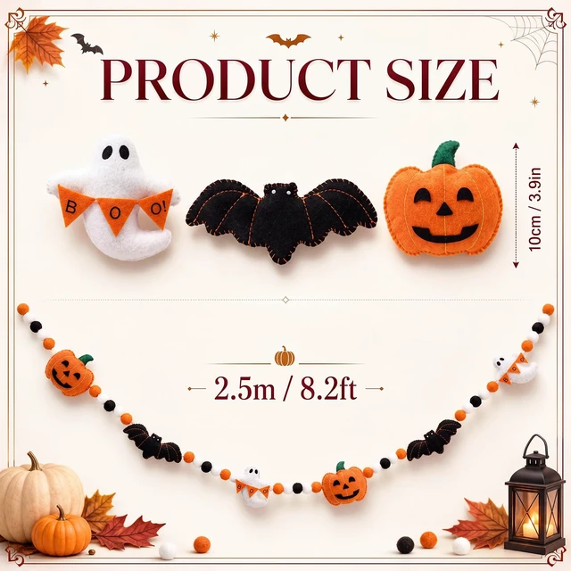 Alt view image 2 of 7 - Cute Halloween Felt Garland Bow Ghost Bat Pumpkin Decor | 3D Coquette Pom Ball Banner, Holiday Decorative Hanging Bunting Garland, for Halloween Home Mantel Fireplace Window Wall