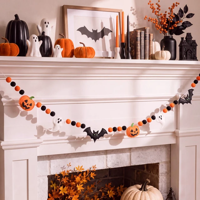 Main image of Halloween Felt Banner Pom Pom Garland, Orange, Pumpkin | Halloween Felt party Decoration, for Outdoor Indoor, for Haunted Houses Decors Doorways Home Mantel Suppliers