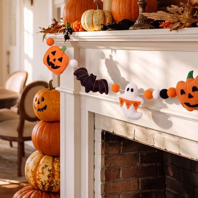 Alt view image 4 of 7 - Cute Halloween Felt Garland Bow Ghost Bat Pumpkin Decor | 3D Coquette Pom Ball Banner, Holiday Decorative Hanging Bunting Garland, for Halloween Home Mantel Fireplace Window Wall