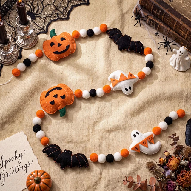 Alt view image 3 of 7 - Cute Halloween Felt Garland Bow Ghost Bat Pumpkin Decor | 3D Coquette Pom Ball Banner, Holiday Decorative Hanging Bunting Garland, for Halloween Home Mantel Fireplace Window Wall