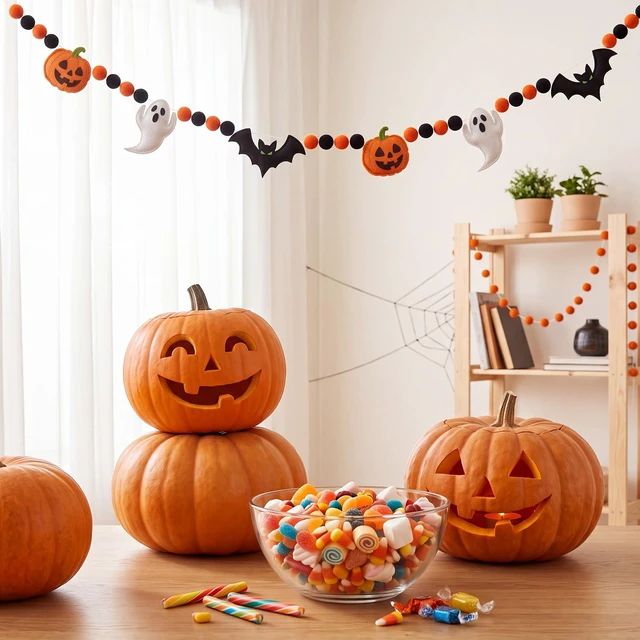 Alt view image 5 of 7 - Halloween Felt Banner Pom Pom Garland, Orange, Pumpkin | Halloween Felt party Decoration, for Outdoor Indoor, for Haunted Houses Decors Doorways Home Mantel Suppliers