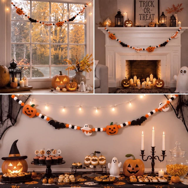 Alt view image 7 of 7 - Cute Halloween Felt Garland Bow Ghost Bat Pumpkin Decor | 3D Coquette Pom Ball Banner, Holiday Decorative Hanging Bunting Garland, for Halloween Home Mantel Fireplace Window Wall