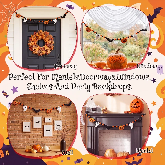 Alt view image 6 of 7 - Halloween Felt Banner Pom Pom Garland, Orange, Pumpkin | Halloween Felt party Decoration, for Outdoor Indoor, for Haunted Houses Decors Doorways Home Mantel Suppliers