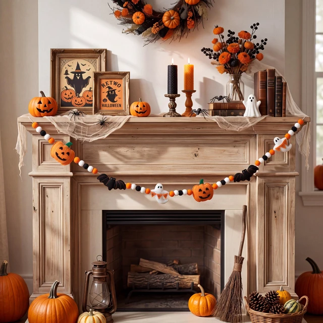 Alt view image 6 of 7 - Cute Halloween Felt Garland Bow Ghost Bat Pumpkin Decor | 3D Coquette Pom Ball Banner, Holiday Decorative Hanging Bunting Garland, for Halloween Home Mantel Fireplace Window Wall