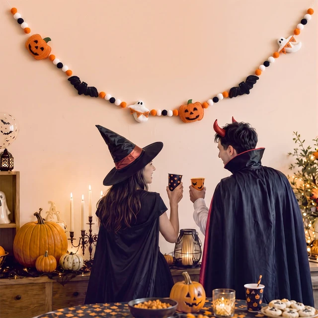 Alt view image 5 of 7 - Cute Halloween Felt Garland Bow Ghost Bat Pumpkin Decor | 3D Coquette Pom Ball Banner, Holiday Decorative Hanging Bunting Garland, for Halloween Home Mantel Fireplace Window Wall
