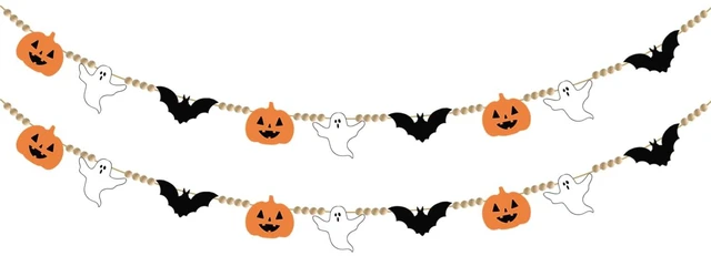 Main image of 2Pcs Halloween Felt Banner with Wood Beads Black Bats Garland Banner Ghost Pumpkin Wood Bead Bunting Garland Halloween Spooky Party Felt Bunting for Fireplace Mantle Wall Haunted House Decor