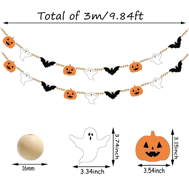 Alt view image 2 of 7 - 2Pcs Halloween Felt Banner with Wood Beads Black Bats Garland Banner Ghost Pumpkin Wood Bead Bunting Garland Halloween Spooky Party Felt Bunting for Fireplace Mantle Wall Haunted House Decor