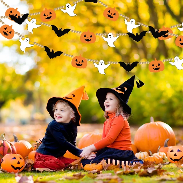 Alt view image 3 of 7 - 2Pcs Halloween Felt Banner with Wood Beads Black Bats Garland Banner Ghost Pumpkin Wood Bead Bunting Garland Halloween Spooky Party Felt Bunting for Fireplace Mantle Wall Haunted House Decor