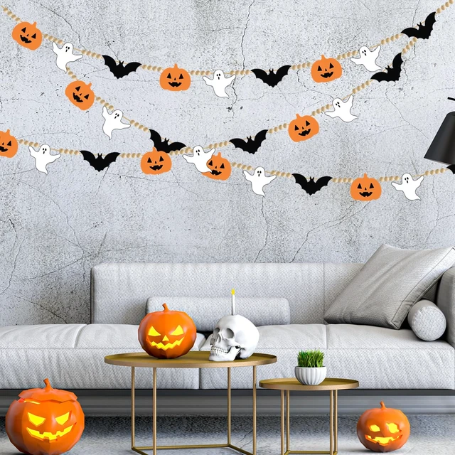 Alt view image 4 of 7 - 2Pcs Halloween Felt Banner with Wood Beads Black Bats Garland Banner Ghost Pumpkin Wood Bead Bunting Garland Halloween Spooky Party Felt Bunting for Fireplace Mantle Wall Haunted House Decor