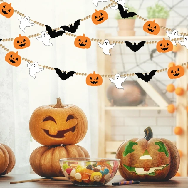 Alt view image 6 of 7 - 2Pcs Halloween Felt Banner with Wood Beads Black Bats Garland Banner Ghost Pumpkin Wood Bead Bunting Garland Halloween Spooky Party Felt Bunting for Fireplace Mantle Wall Haunted House Decor