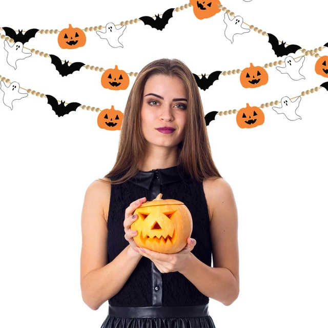 Alt view image 5 of 7 - 2Pcs Halloween Felt Banner with Wood Beads Black Bats Garland Banner Ghost Pumpkin Wood Bead Bunting Garland Halloween Spooky Party Felt Bunting for Fireplace Mantle Wall Haunted House Decor