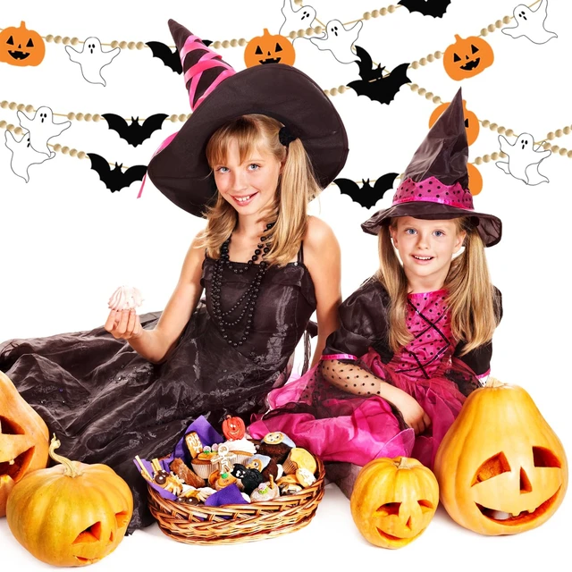 Alt view image 7 of 7 - 2Pcs Halloween Felt Banner with Wood Beads Black Bats Garland Banner Ghost Pumpkin Wood Bead Bunting Garland Halloween Spooky Party Felt Bunting for Fireplace Mantle Wall Haunted House Decor