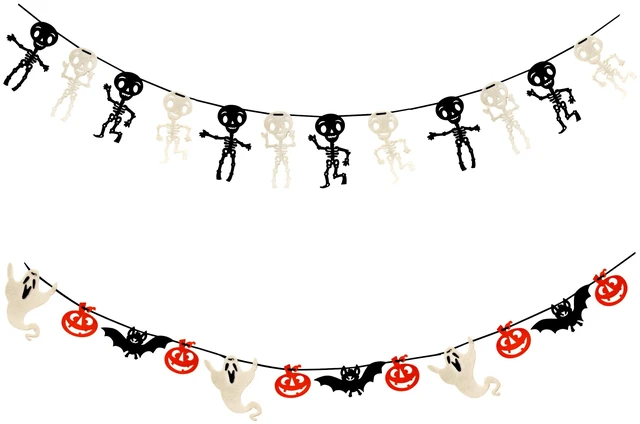 Main image of Halloween Felt Garland 18 Ft Skeleton Bat Pumpkin Ghost Banner 2 Pack | 2 assorted 9 ft felt banners with skeletons, bats, pumpkins and ghosts for Halloween parties, mantels, walls and doorways.