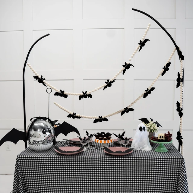 Alt view image 2 of 7 - Bat Garland Halloween, Felt Bat Banner, Mantel and Party Decorations | Hand dyed Halloween bat garland 100% wool, 8 stitched felt bats, 54 white balls, reusable 6ft Halloween felt garland