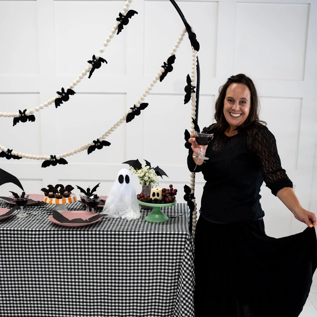 Alt view image 4 of 7 - Bat Garland Halloween, Felt Bat Banner, Mantel and Party Decorations | Hand dyed Halloween bat garland 100% wool, 8 stitched felt bats, 54 white balls, reusable 6ft Halloween felt garland