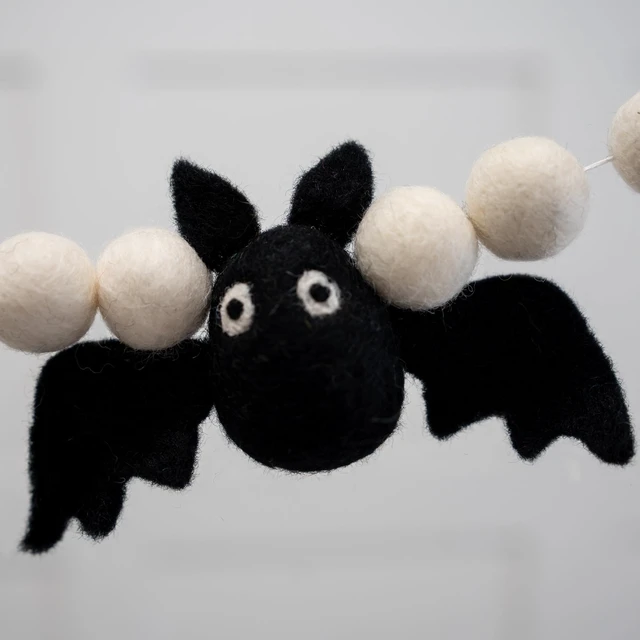 Alt view image 3 of 7 - Bat Garland Halloween, Felt Bat Banner, Mantel and Party Decorations | Hand dyed Halloween bat garland 100% wool, 8 stitched felt bats, 54 white balls, reusable 6ft Halloween felt garland