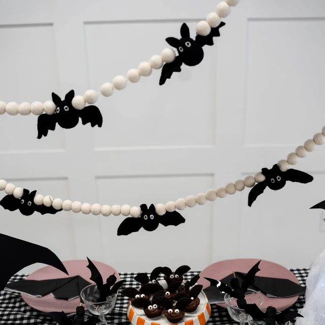 Alt view image 5 of 7 - Bat Garland Halloween, Felt Bat Banner, Mantel and Party Decorations | Hand dyed Halloween bat garland 100% wool, 8 stitched felt bats, 54 white balls, reusable 6ft Halloween felt garland