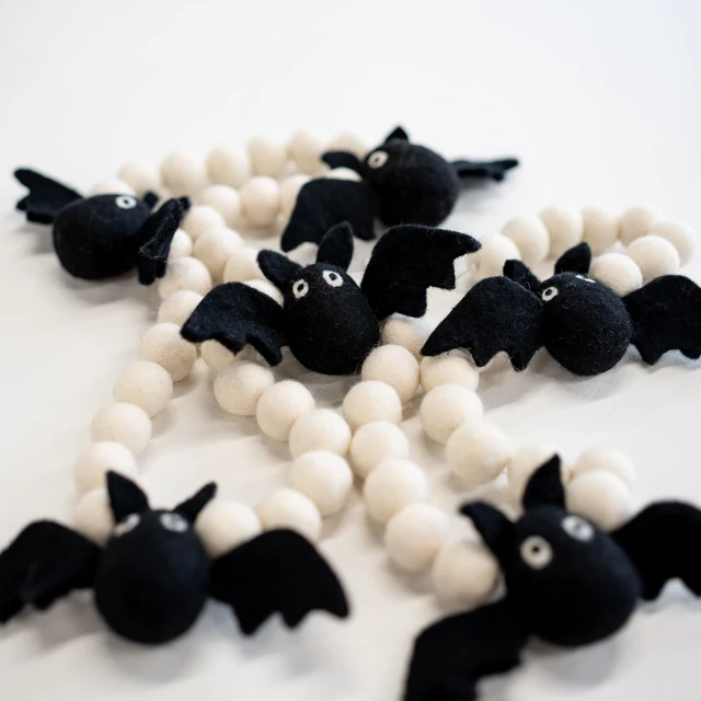 Alt view image 7 of 7 - Bat Garland Halloween, Felt Bat Banner, Mantel and Party Decorations | Hand dyed Halloween bat garland 100% wool, 8 stitched felt bats, 54 white balls, reusable 6ft Halloween felt garland
