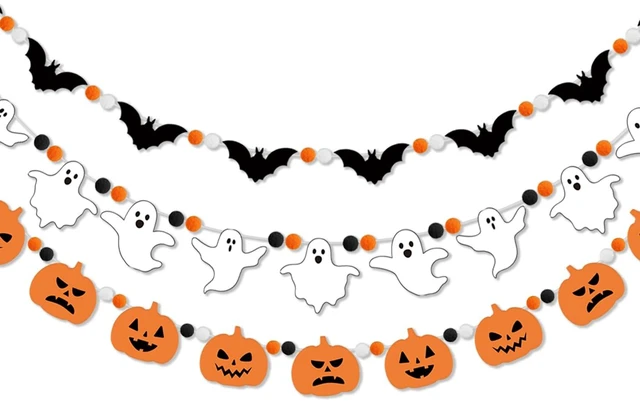 Main image of 3Pcs Halloween Felt Garland Ghost Bat Felt Bunting Banner Pumpkin Pompom Ball Bunting Flag Black Orange White Ball Garland Halloween Hanging Banner for Party Fireplace Home Wall Decor