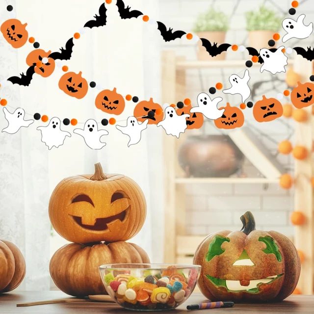 Alt view image 3 of 7 - 3Pcs Halloween Felt Garland Ghost Bat Felt Bunting Banner Pumpkin Pompom Ball Bunting Flag Black Orange White Ball Garland Halloween Hanging Banner for Party Fireplace Home Wall Decor