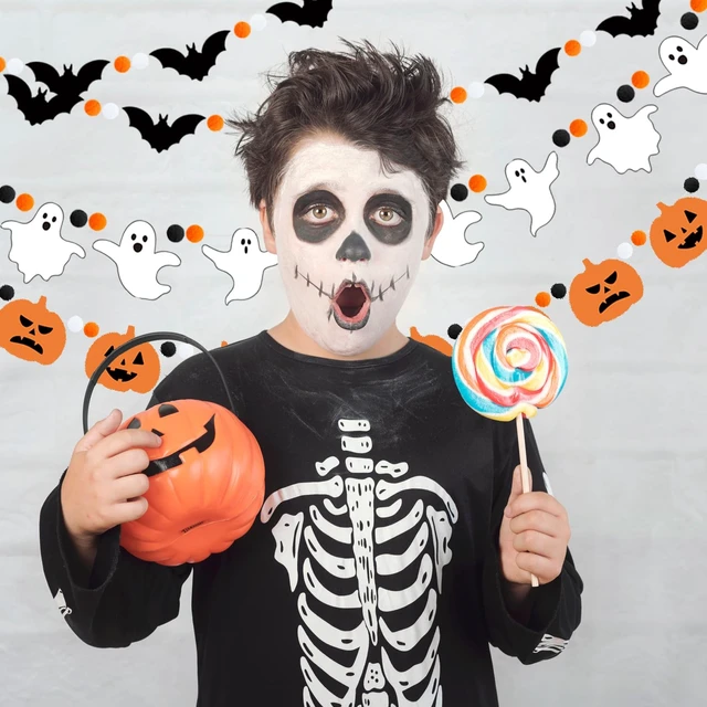 Alt view image 4 of 7 - 3Pcs Halloween Felt Garland Ghost Bat Felt Bunting Banner Pumpkin Pompom Ball Bunting Flag Black Orange White Ball Garland Halloween Hanging Banner for Party Fireplace Home Wall Decor
