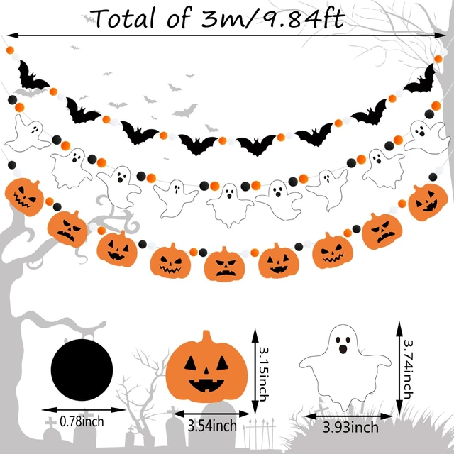 Alt view image 2 of 7 - 3Pcs Halloween Felt Garland Ghost Bat Felt Bunting Banner Pumpkin Pompom Ball Bunting Flag Black Orange White Ball Garland Halloween Hanging Banner for Party Fireplace Home Wall Decor