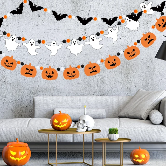 Alt view image 5 of 7 - 3Pcs Halloween Felt Garland Ghost Bat Felt Bunting Banner Pumpkin Pompom Ball Bunting Flag Black Orange White Ball Garland Halloween Hanging Banner for Party Fireplace Home Wall Decor
