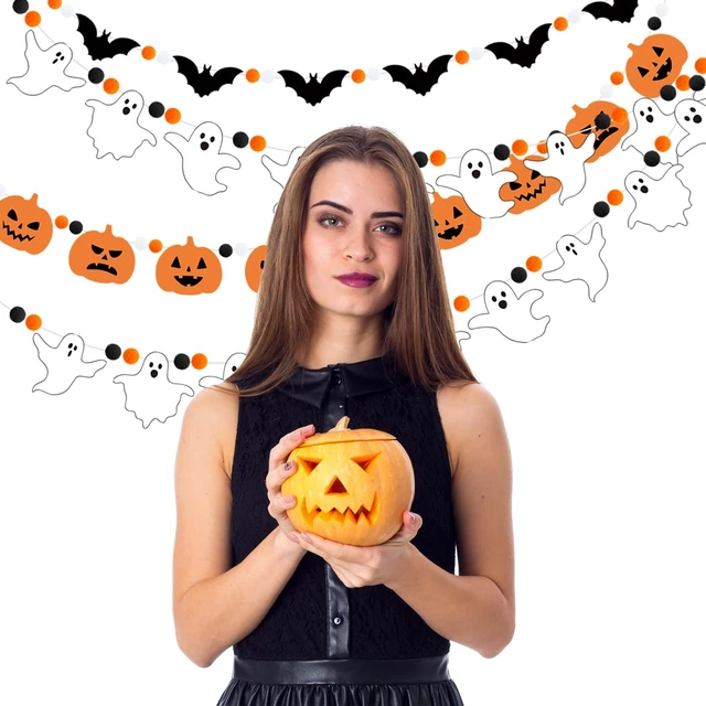 Alt view image 6 of 7 - 3Pcs Halloween Felt Garland Ghost Bat Felt Bunting Banner Pumpkin Pompom Ball Bunting Flag Black Orange White Ball Garland Halloween Hanging Banner for Party Fireplace Home Wall Decor