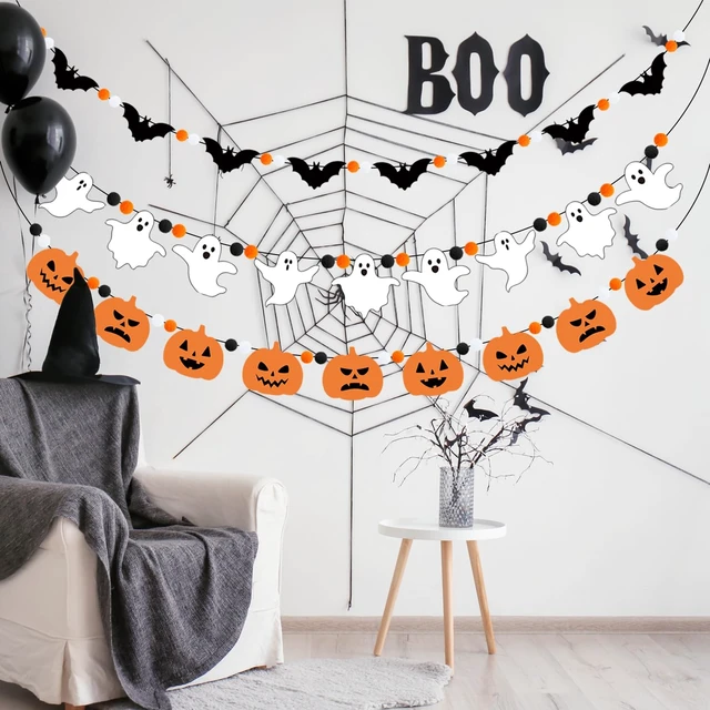 Alt view image 7 of 7 - 3Pcs Halloween Felt Garland Ghost Bat Felt Bunting Banner Pumpkin Pompom Ball Bunting Flag Black Orange White Ball Garland Halloween Hanging Banner for Party Fireplace Home Wall Decor