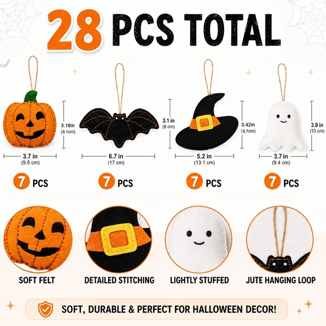 Alt view image 2 of 7 - 32Pcs Halloween Felt Ornaments, 3D Ghost Bat Pumpkin Witch Hat | Cute Spooky, Hanging Decorations, for Home Party Garland Banner Mantle Wall Decor