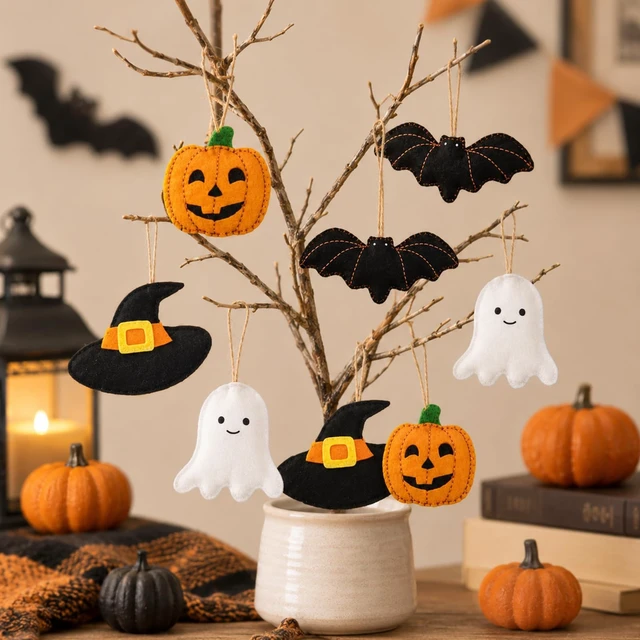 Alt view image 3 of 7 - 32Pcs Halloween Felt Ornaments, 3D Ghost Bat Pumpkin Witch Hat | Cute Spooky, Hanging Decorations, for Home Party Garland Banner Mantle Wall Decor
