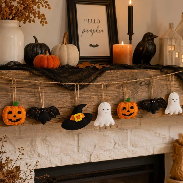 Alt view image 5 of 7 - 32Pcs Halloween Felt Ornaments, 3D Ghost Bat Pumpkin Witch Hat | Cute Spooky, Hanging Decorations, for Home Party Garland Banner Mantle Wall Decor
