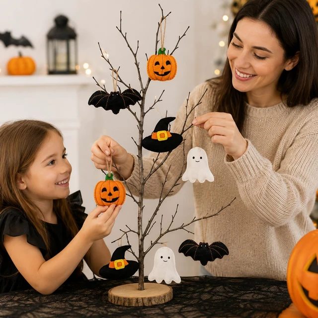 Alt view image 6 of 7 - 32Pcs Halloween Felt Ornaments, 3D Ghost Bat Pumpkin Witch Hat | Cute Spooky, Hanging Decorations, for Home Party Garland Banner Mantle Wall Decor