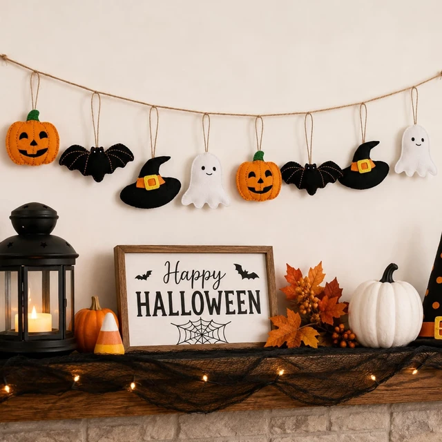 Alt view image 4 of 7 - 32Pcs Halloween Felt Ornaments, 3D Ghost Bat Pumpkin Witch Hat | Cute Spooky, Hanging Decorations, for Home Party Garland Banner Mantle Wall Decor