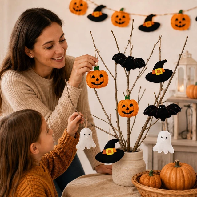 Alt view image 7 of 7 - 32Pcs Halloween Felt Ornaments, 3D Ghost Bat Pumpkin Witch Hat | Cute Spooky, Hanging Decorations, for Home Party Garland Banner Mantle Wall Decor