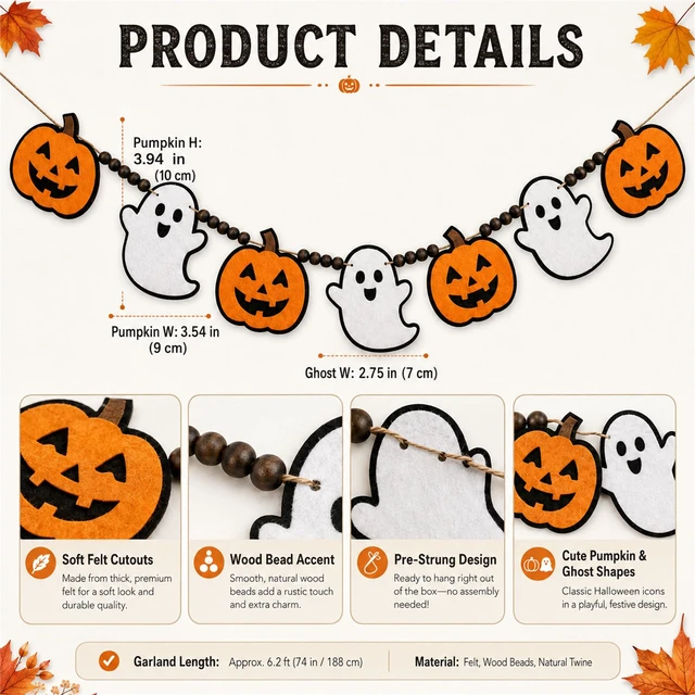 Alt view image 3 of 7 - Halloween Garland Mantel Decor Hanging Felt Pumpkin Ghost Wood Beads Banner | Hanging Black Orange Felt Cute Pumpkin Ghost Garland Banner for Spooky Halloween Party Haunted Farmhouse Home Mantel Decor