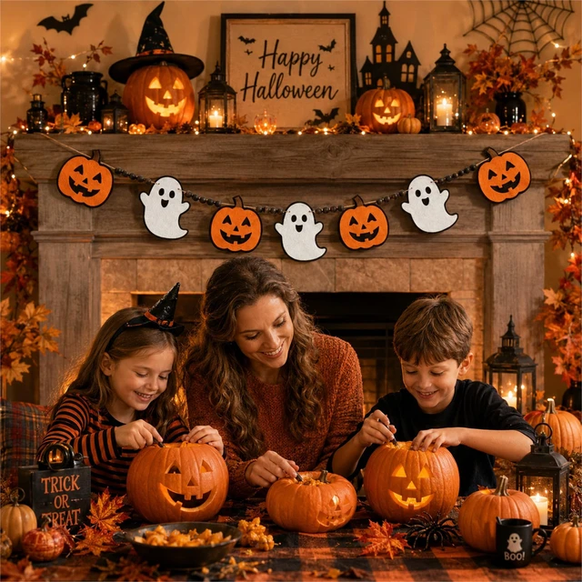 Alt view image 2 of 7 - Halloween Garland Mantel Decor Hanging Felt Pumpkin Ghost Wood Beads Banner | Hanging Black Orange Felt Cute Pumpkin Ghost Garland Banner for Spooky Halloween Party Haunted Farmhouse Home Mantel Decor