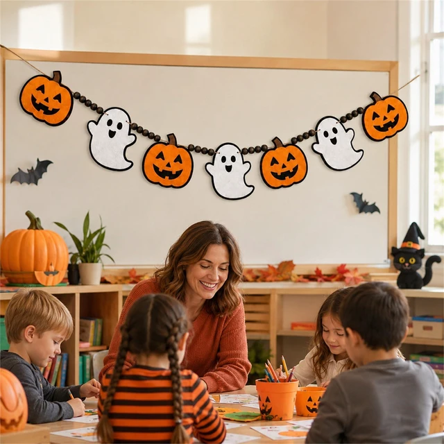 Alt view image 4 of 7 - Halloween Garland Mantel Decor Hanging Felt Pumpkin Ghost Wood Beads Banner | Hanging Black Orange Felt Cute Pumpkin Ghost Garland Banner for Spooky Halloween Party Haunted Farmhouse Home Mantel Decor