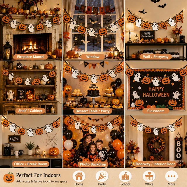 Alt view image 5 of 7 - Halloween Garland Mantel Decor Hanging Felt Pumpkin Ghost Wood Beads Banner | Hanging Black Orange Felt Cute Pumpkin Ghost Garland Banner for Spooky Halloween Party Haunted Farmhouse Home Mantel Decor